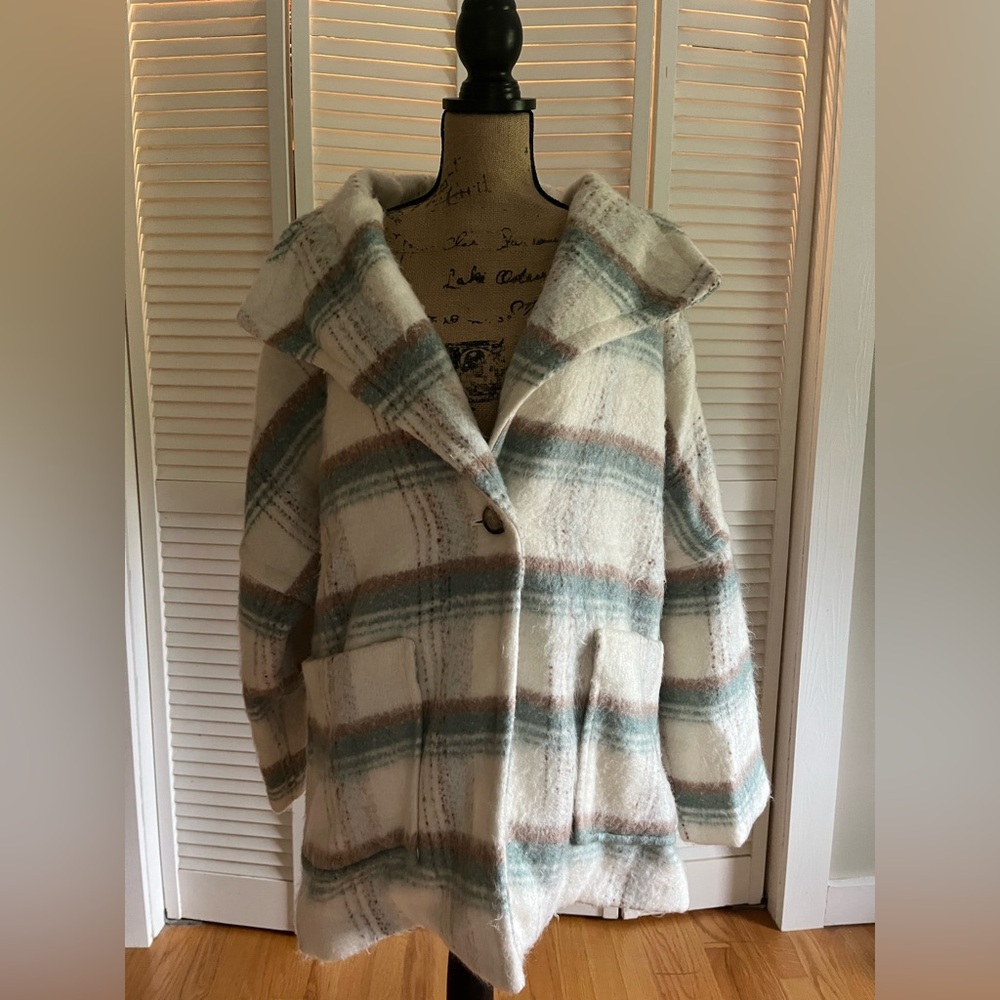 Anthropologie Cream and Blue Plaid Teddy Jacket